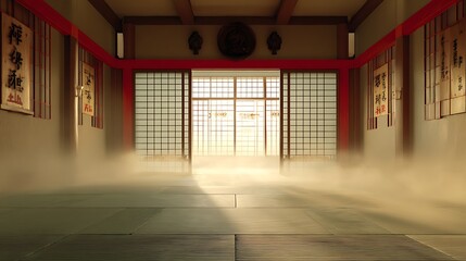 Poster - 3D illustration of a traditional japanese style dojo or karate school with haze in the air