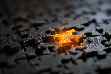 Poster - Close-up of orange puzzle piece among dark gray ones, glowing softly, symbolizing solution, completion, or a unique idea
