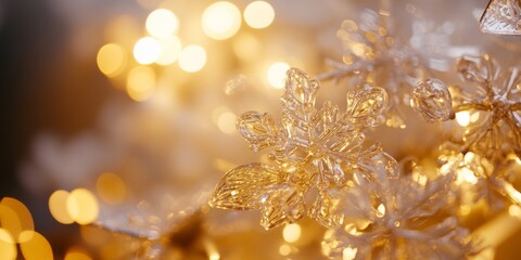 Aufkleber - A close-up of shimmering snowflakes adorned with warm golden lights. The delicate details create a serene holiday atmosphere. Perfect for winter-themed projects and festive designs. AI