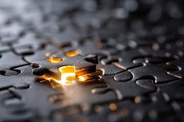 Poster - Close-up of dark grey puzzle piece fitting into place, glowing from below, symbolizing solution, connection, and completion