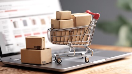 Poster - A shopping cart with boxes beside a laptop displaying an online shopping interface