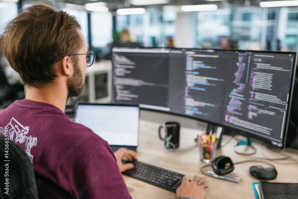 Man Coding Software on Dual Monitors at Desk in Modern Office; Person ...