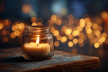 Poster - Lit candle in glass jar on rustic wooden surface, bokeh lights background, conveying warmth, peace, and tranquility