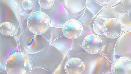 Poster - Abstract iridescent spheres and flowing shapes.  A soft, white background with smooth, iridescent spheres and fluid, flowing shapes