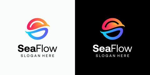 Aufkleber - Water flow and sun shape vector logo design with modern, simple, clean and abstract style. Icon for business, vacation and personal branding.
