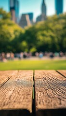 Wall Mural - A soft focused close up of a textured wooden surface with a vibrant city park in the background