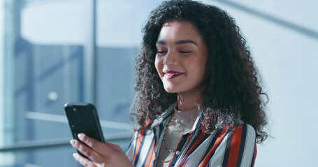 Poster - Texting, online and woman with smartphone, office and communication for schedule, planning and app. Thinking, creative and media strategist with mobile, digital and market research of trends or smile