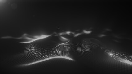 Poster - Abstract black and white glowing dots forming a soft, flowing terrain-like digital wave pattern