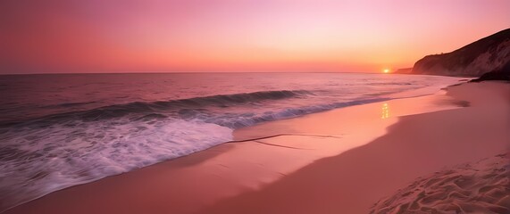 Fototapete - Sunset bathing a tranquil coastal bay in warm orange and pink hues waves gently lapping at sandy beach