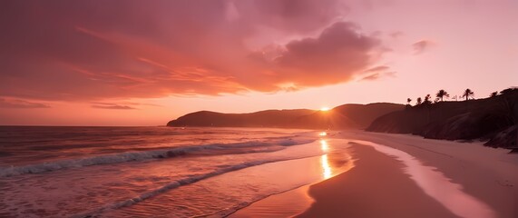 Wall Mural - Sunset bathing a tranquil coastal bay in warm orange and pink hues waves gently lapping at sandy beach