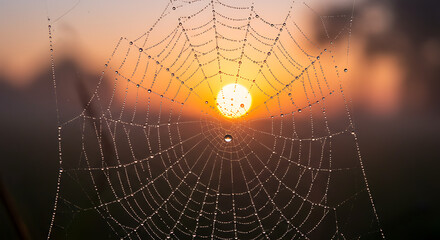 Sunrise macro shot of dewdrops on spiderwebs.