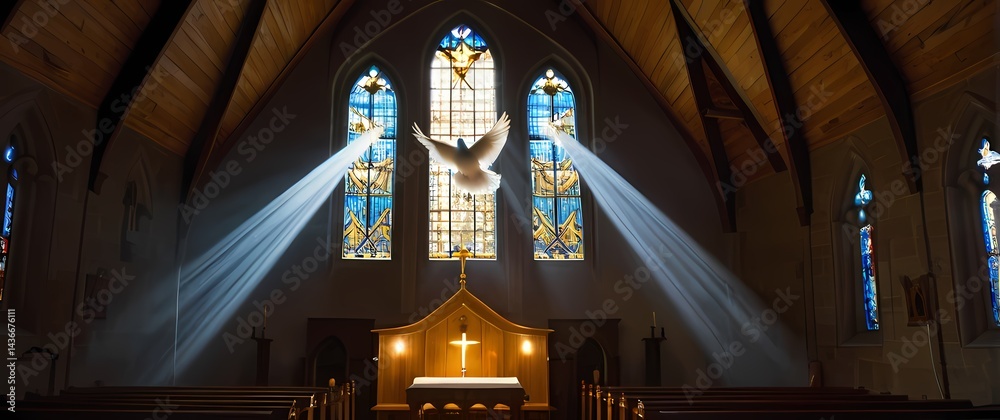 Stained glass window of dove descending with rays against church ...