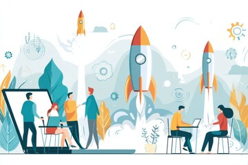Poster - People Launching a Rocket From a Laptop in a Vibrant Startup Environment During Daytime