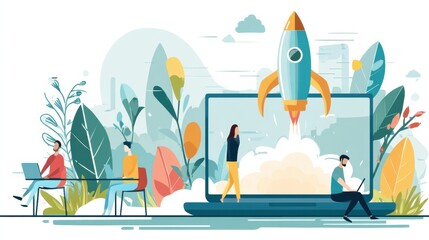 Poster - Startup Launching Innovative Ideas From Laptop With People Working Together in a Vibrant, Modern Environment