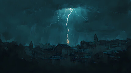 Wall Mural - A lightning bolt is seen in the sky above a city. the sky is dark and cloudy, and the lightning bolt is the only source of light in the scene. scene is tense and dramatic. Vision Storm. Illustration
