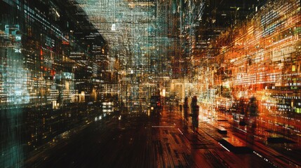 Fototapete - City night digital data flow, people walking, futuristic background, tech illustration