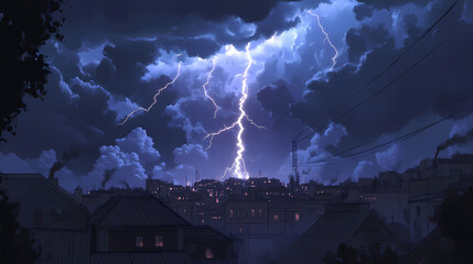 Wall Mural - A lightning bolt is seen in the sky above a city. the sky is dark and cloudy, and the lightning bolt is the only source of light in the scene. scene is tense and dramatic. Vision Storm. Illustration