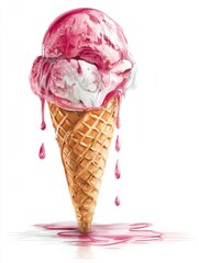 Aufkleber - Delicious Pink Ice Cream Scoop on a Cone With Melting Texture, Isolated Against a Pure White Background