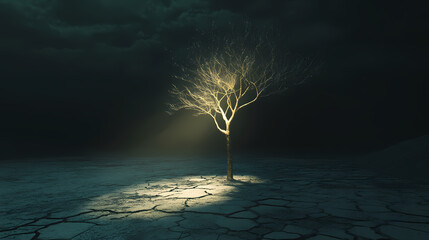 Wall Mural - A lone, leafless tree illuminated by a single light beam on cracked earth in a dark space. Leafpulse Glow. Illustration