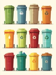 Poster - Color-coded Trash Bins for Recycling Categories Displayed in a Flat Illustration Format Featuring Various Waste Sorting Options