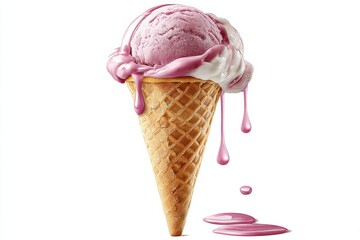Aufkleber - Delicious Pink Ice Cream Cone With Drips on a Crisp Waffle Cone Isolated Against a Clean White Background
