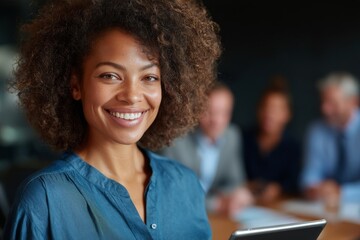 Poster - in an office setting, a biracial business woman works on a tablet to improve workflow, employee enga