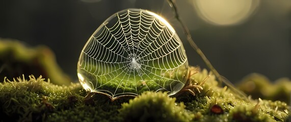 Wall Mural - Macro shot of dewdrop reflections on soft moss strands with delicate spider web glowing in dawn light