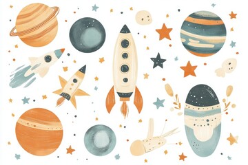 Wall Mural - Colorful watercolor illustrations depict rockets and various planets amidst stars and moons, creating a whimsical space scene ideal for inspiring creativity and learning about the universe
