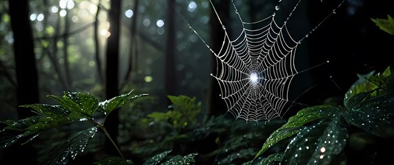 Macro image of intricate spider web droplets sparkling like diamonds against dark leafy forest background