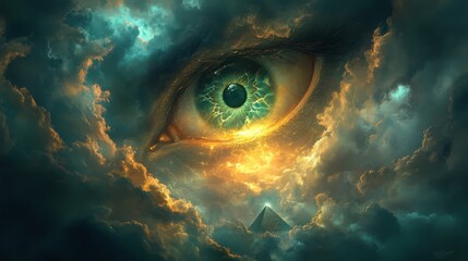 Wall Mural - the eye of providence, a golden all-seeing eye of god, is illustrated in arcane scriptures on a cele