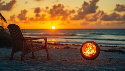 Aufkleber - Cozy beach fire at sunset with two chairs facing the ocean during a tranquil evening in paradise