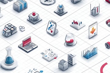 Poster - Isometric Icons and Digital Symbols Arranged on a Clean Grid Background Featuring Various Tech and Data Representations