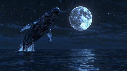 Wall Mural - The illustration, Moonlit Brine, depicts a whale aglow, leaping through the night air under a sky fully illuminated by the moon, above calm waters of the ocean