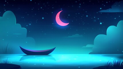 Wall Mural - An illustration of a starlit sea, showcased in anime style, where a bioluminescent coastline meets a serene beach, complete with a glowing ocean and reflections of boats under a crescent moon