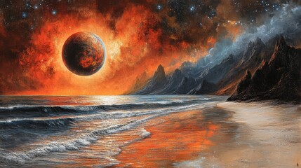 Wall Mural - The illustration, Celestial Tide, depicts a celestial seascape with glowing moons above turbulent ocean waves