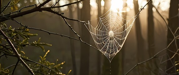 Wall Mural - Detail rich shot of dewy spider web suspended between slender branches glistening with morning light
