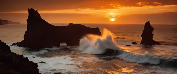 Fototapete - Crashing waves sculpting dramatic sea stacks along rugged coastline at golden hour beneath a blazing orange sky