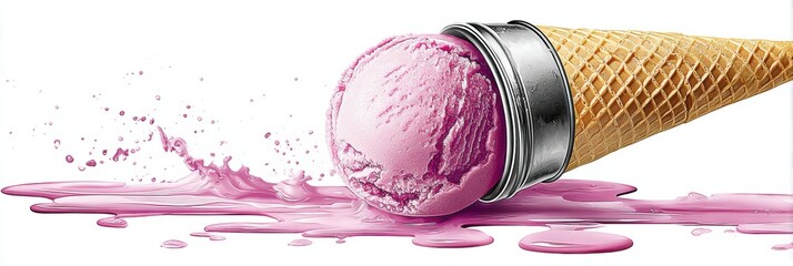 Aufkleber - Enjoying a Delicious Pink Ice Cream Cone Melting on a White Surface Perfect for Summer Treats and Desserts