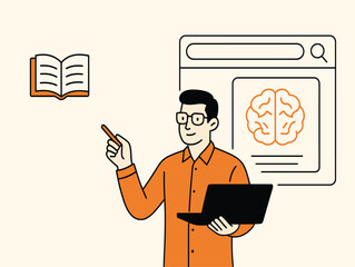 Poster - Man Using Laptop for Online Learning and Brain Research Illustration