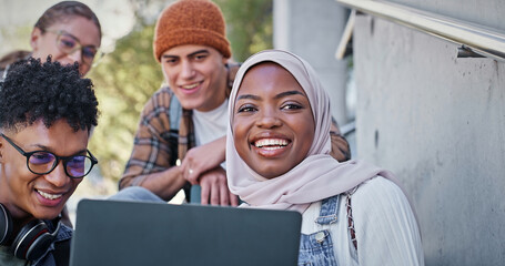 Poster - Group, education and portrait on campus, laptop and collaboration for research and communication with friends. Happy, online and outdoor at college, students and people with smile, learning and app