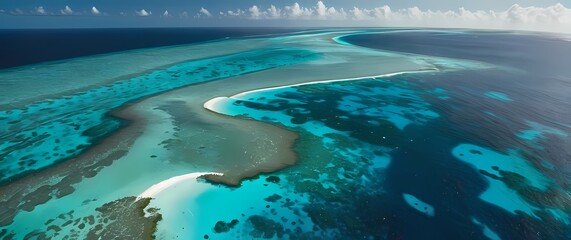 Wall Mural - Birds eye view of dazzling turquoise coral reef sprawling beneath shimmering shallow tropical ocean waters