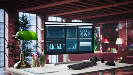 Fototapete - empty modern desktop ready for business development work with infographics, sleek monitor in a class