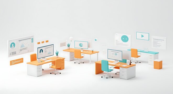 Illustrated office space with desks computers and floating user interface elements on a white background