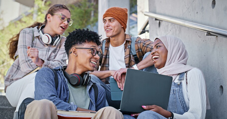 Poster - Group, education and laughing in campus, laptop and collaboration for research and communication with friends. Happy, online and outdoor at college, students and people with smile, stairs or backpack