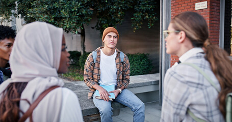 Poster - University, students and relax outdoor on campus with college talk, conversation and happy for education. Friends, circle and people with learning, break and study group for scholarship and knowledge