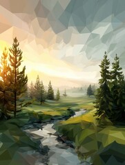 Aufkleber - Low Poly Digital Landscape Featuring a Serene Stream, Tall Trees, and a Tranquil Gradient Sky at Sunset