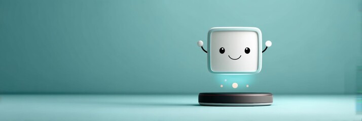Fototapete - Floating Robotic Assistant Features a Smiling Face and Hovering Screen in a Modern Indoor Setting