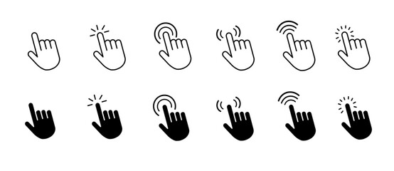 Fototapete - mouse click cursor and hand pointer icon set with arrows, clicking fingers, loading icons, click tap