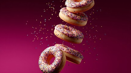 Poster - A bunch of delicious donuts falling down with sprinkles on a dark pink background
