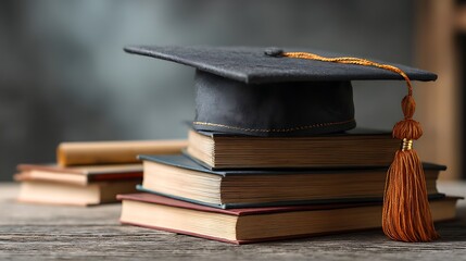 Poster - A close, up of a graduation cap resting on a stack of books, symbolizing academic achievement and educational success